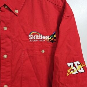 Track Gear Button Down Mens L Red Skittles Racing Team Ernie Irvan NASCAR Shirt